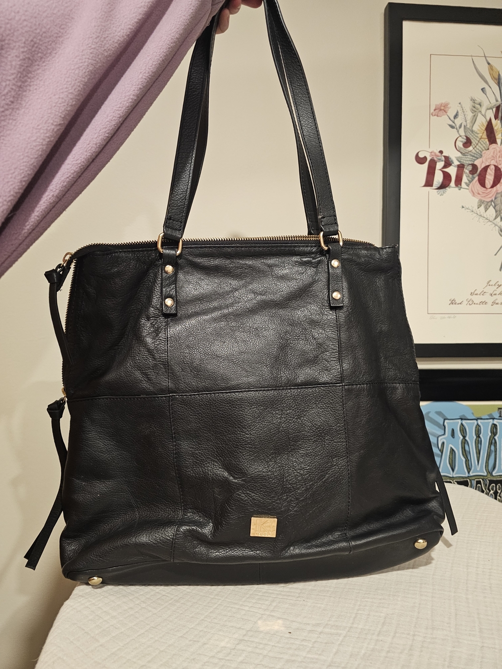 Kooba Everette Black Leather Expandable Tote Bag - Gold Hardware